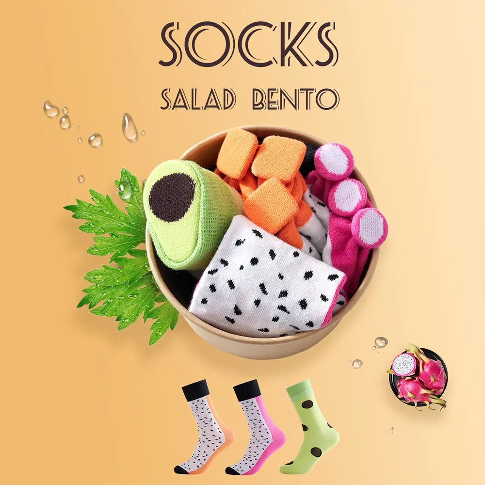 Unisex Streetwear Cute Dragon Fruit Salad Bento Crew Socks Set - 3-Pairs, Salad Bowl Gift Box, Soft Breathable Cotton Blend, Stylish Fit, Foldable, Carrot, Cute Casual, Valentines Day, Thanksgiving Foodie Gifts, All-Season Comfort, Style, Fantasy