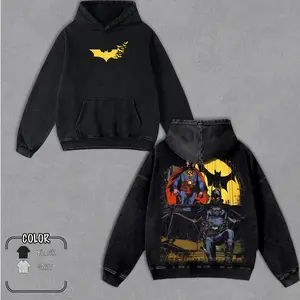 Dark Knight Vigilante Comic Hoodie Steampunk Hero Illustration Heavyweight Acid Wash Oversized Pullover Premium Cotton Streetwear for Men & Women