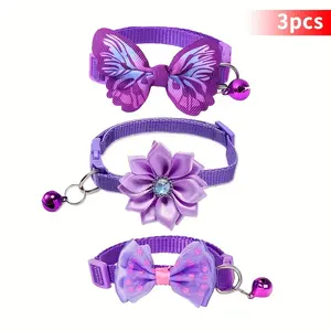 Cat Collar - 3pcs Floral Cat Collars with Adjustable Bell & Bow Tie Decor - Pink & White Polyester Pet Collars for Small Dogs & Cats - Cute Pet Accessories - Playful Pet Design - Durable Pet Collar - Without Battery