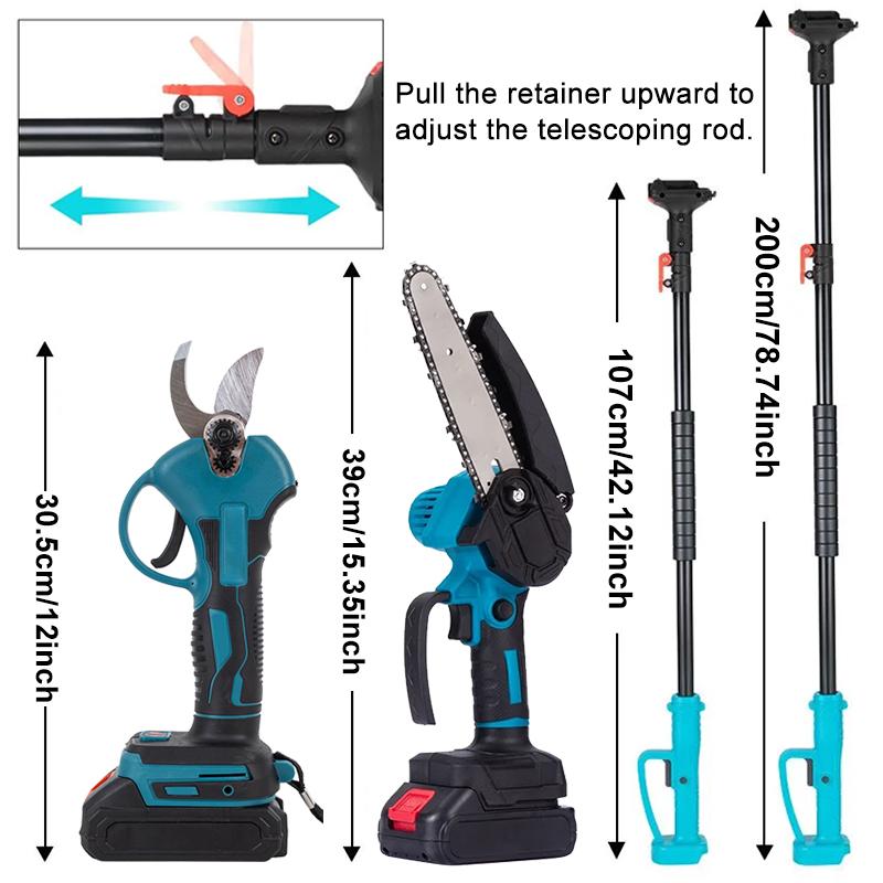 3-in-1 Cordless Pole Saw & Mini Chainsaw Garden Tools Set with 2 Batteries, Extension Pole, Garden Scissors for Tree Trimming, Limb Branch Cutter for Outdoor Use, Father's Day Gift