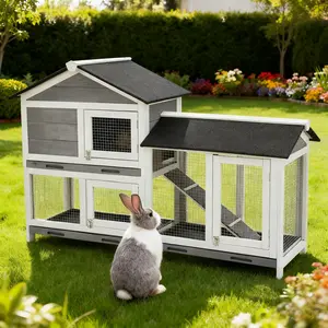 GAOMON 63 in Bunny Hutch Indoor Bunny Cage,with 3 Leak-Proof Removable Trays, Wooden Waterproof Roof Rabbit Hutch Indoor/Outdoor,2-Tier Bunny House/Chicken Coop,Gray and Black
