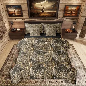 Cabin Lodge Bed in a Bag,Army Camouflage Comforter Set,7 Pieces Reversible,Hunting Lovers All Season Bedding Sets