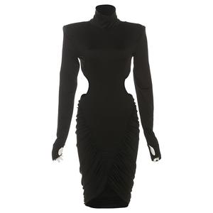 New Autumn High-Neck Pleated Bodycon Long-Sleeve Dress