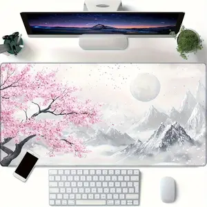 Extended Large Gaming Desk Mat with Non-Slip Rubber Base - Cherry Blossom & Snow Mountain Landscape Computer Keyboard and Mouse Pad for PC, Laptop, Office & Home Workstation - Widespread Desktop Coverage for Wrist & PC Setup