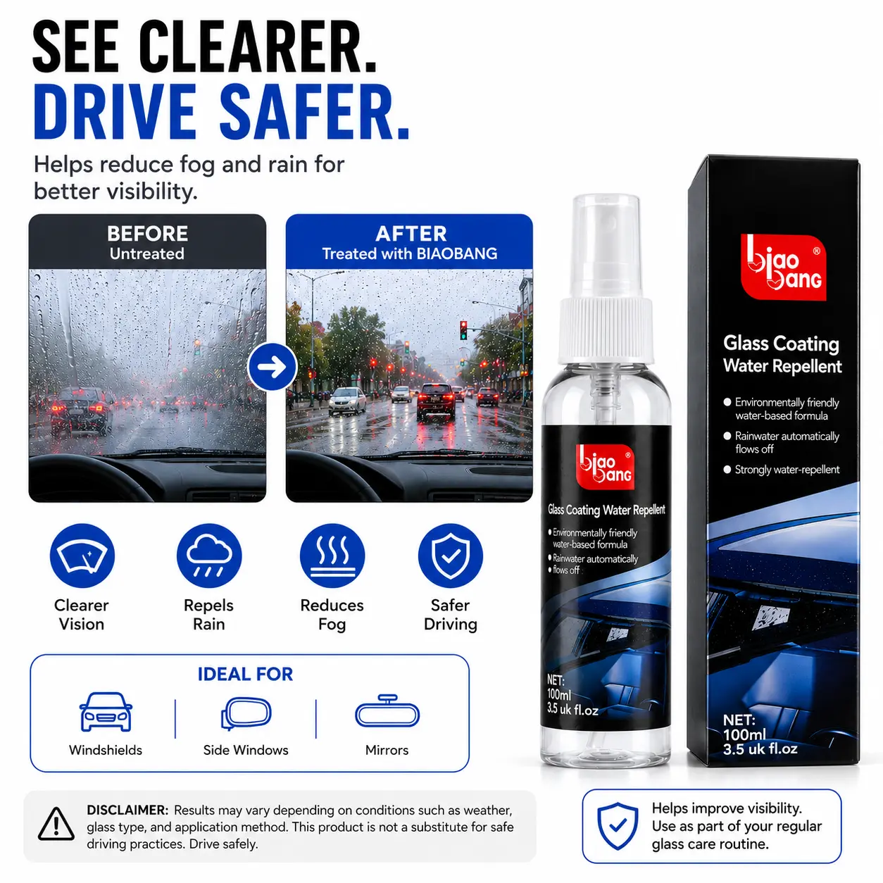 Hydrophobic Car Windshield Water Repellent Spray - Instant Auto Glass Rain Repellent Coating for Clear Driving Vision
