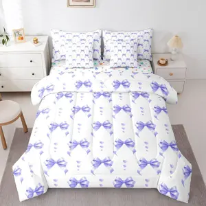 Feelyou Ultra Soft 7-Piece Purple Bow Tie Print Bedding Set - Multi-Size Comforter Set with Sheets for Girls, Girly Princess Kawaii Preppy Bedding Collection