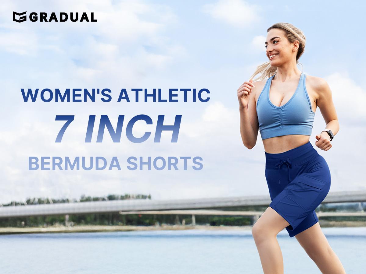 [Clearance] G Gradual Women's 7" High Waisted Anti-Chafing Active Gym Shorts, Elastic Breathable Quick Dry Stretch Running Light Bermuda Shorts with Side Pockets for Workout, Casual