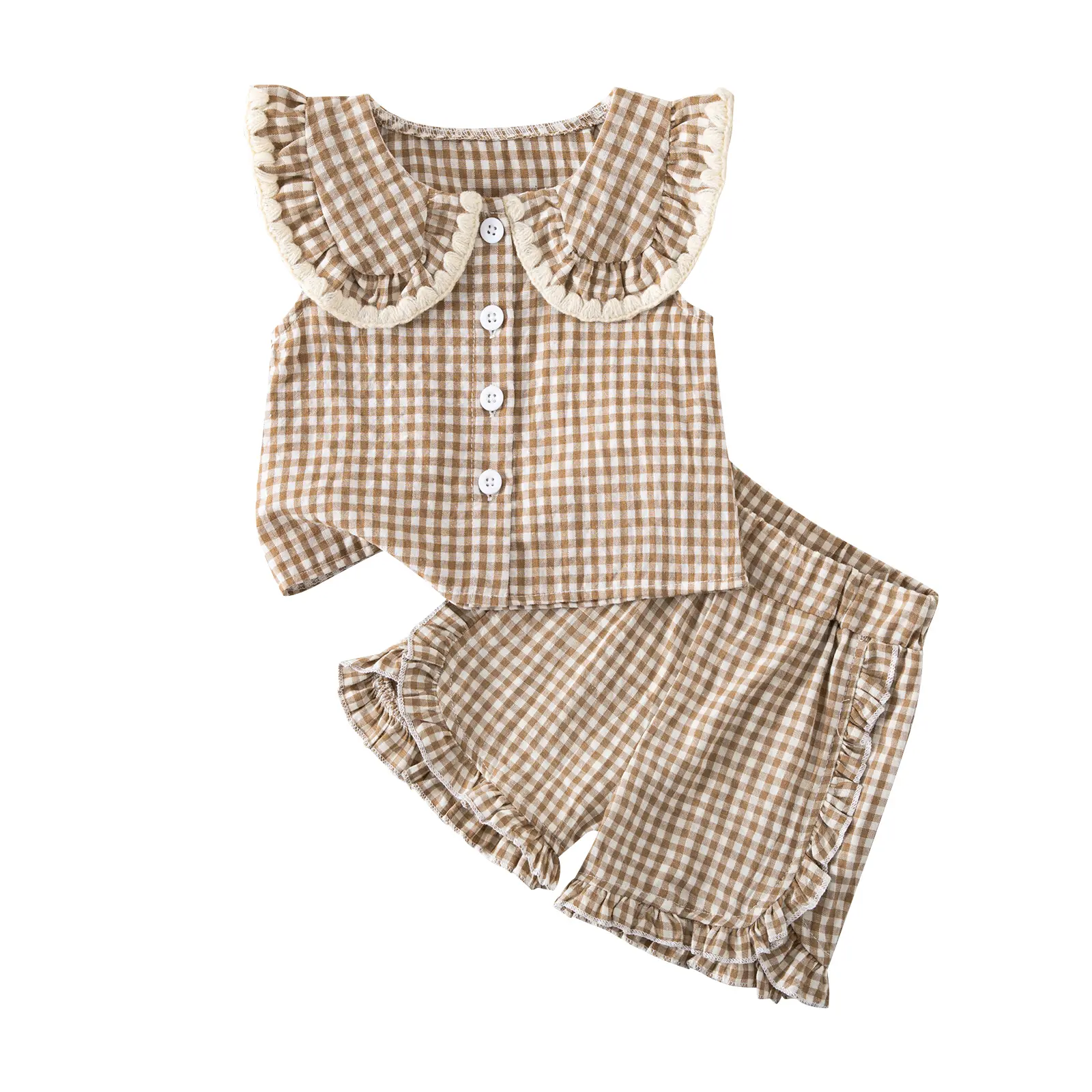 Baby Girl Summer 2 Piece Clothes Set Brown Gingham Plaid Sleeveless Blouse With Ruffle Peter Pan Collar Button Front Shirts Ruffle Hem Shorts Toddler Girls Daily Casual Loungewear Outfit