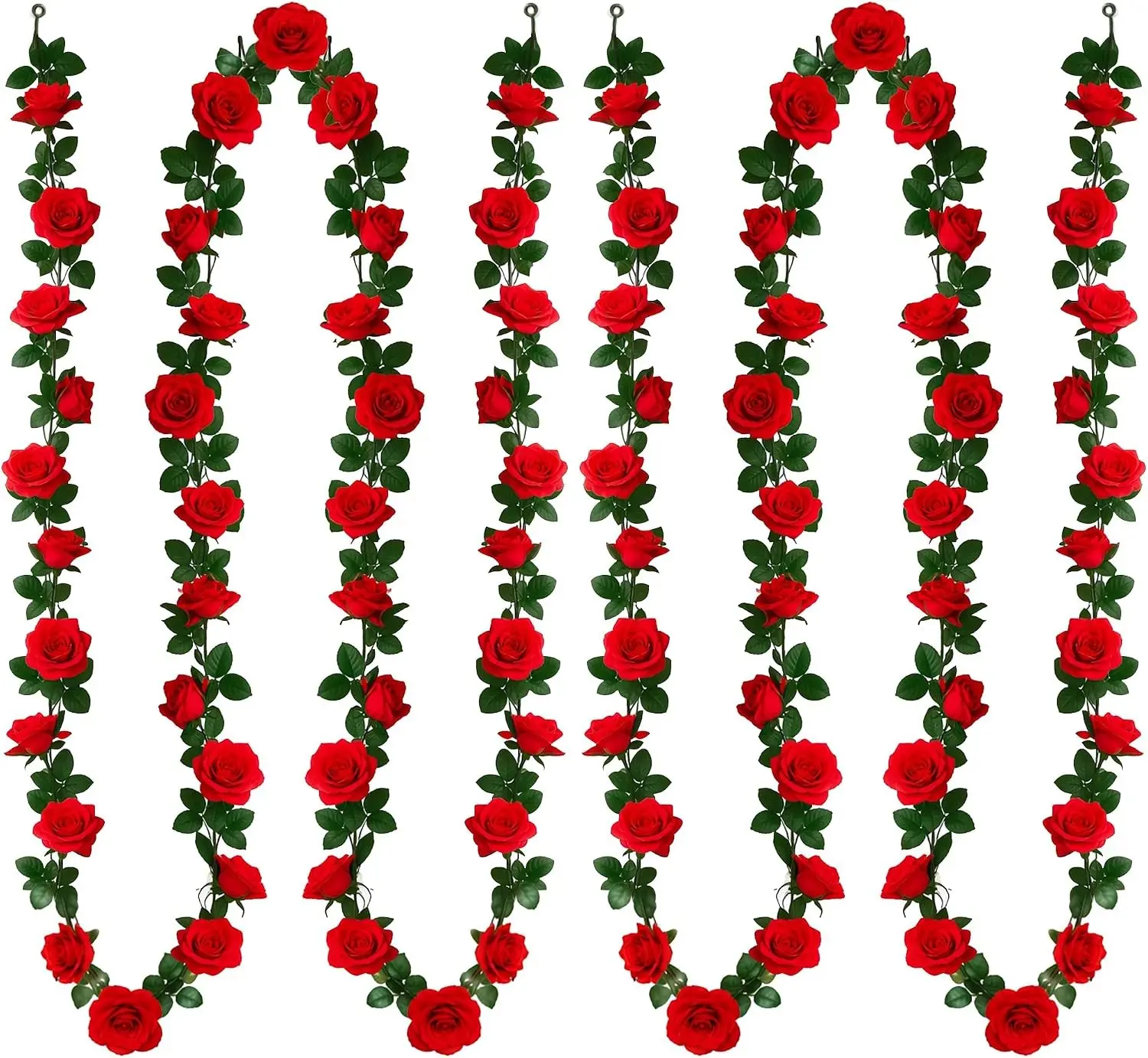 15.8FT Red Rose Fake Flower Garland 2Pack 90 Roses Artificial Vines Decor | 7.9Ft Each Rose Vine, 45Roses Per Strand, Polyester, Waterproof and Fade-Resistant, for Wedding Backdrop, Garden Party Decor