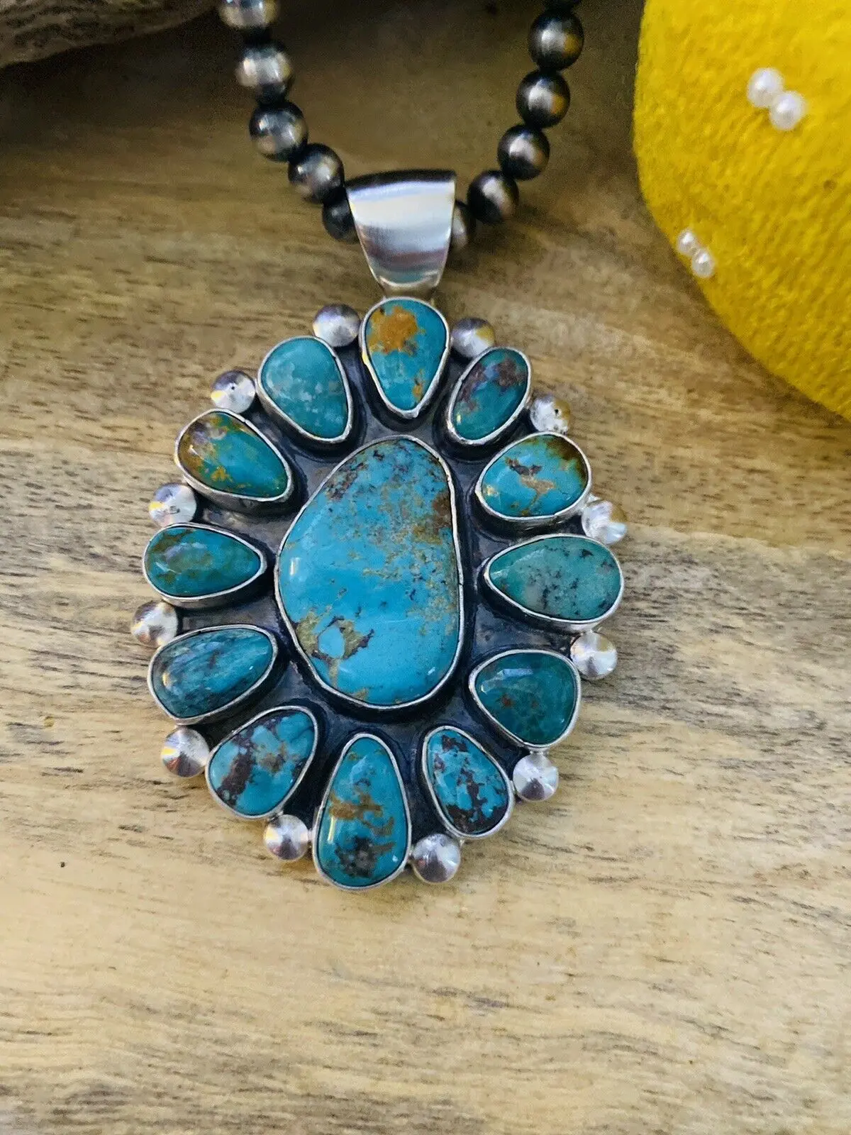 Handcrafted Sterling Silver & Multi Turquoise Cluster Pendant Signed