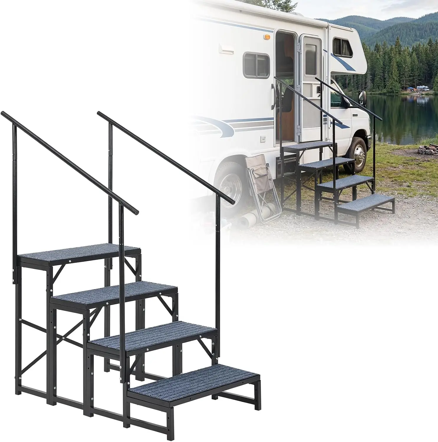 Garvee Heavy-Duty Stability & Safety – 4-Step RV Exterior Ladder with Dual Handrails, Non-Slip Mats, Portable Step for Camper, Trailer, Mobile Home, Hot Tub, Porch – Black