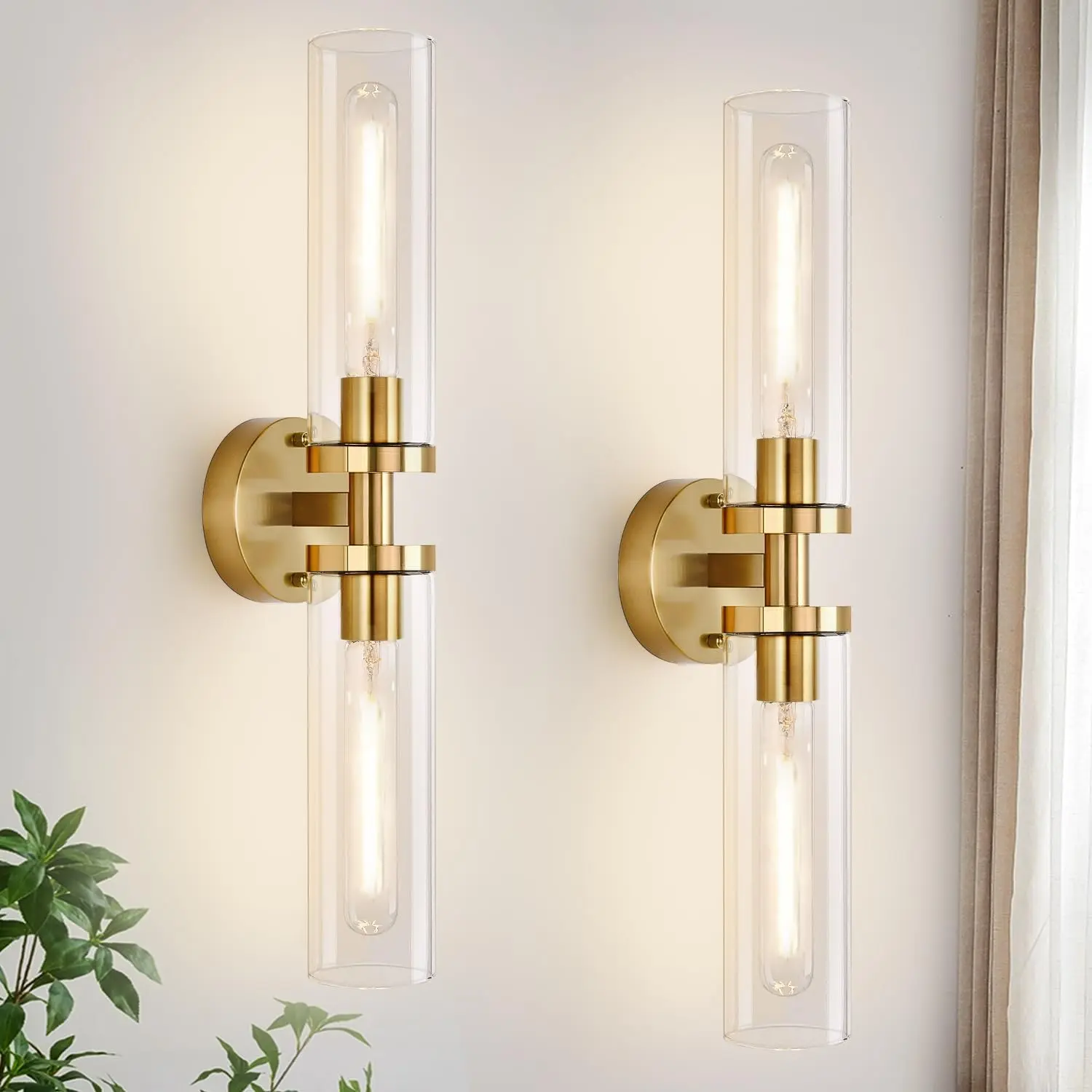 2-Pack Hardwired Brushed Gold Bathroom Wall Sconces with Clear Glass, AC Power Supply Indoor Lighting Fixtures for Mirror, Hall Decor & Wall Decor (Bulbs Not Included)