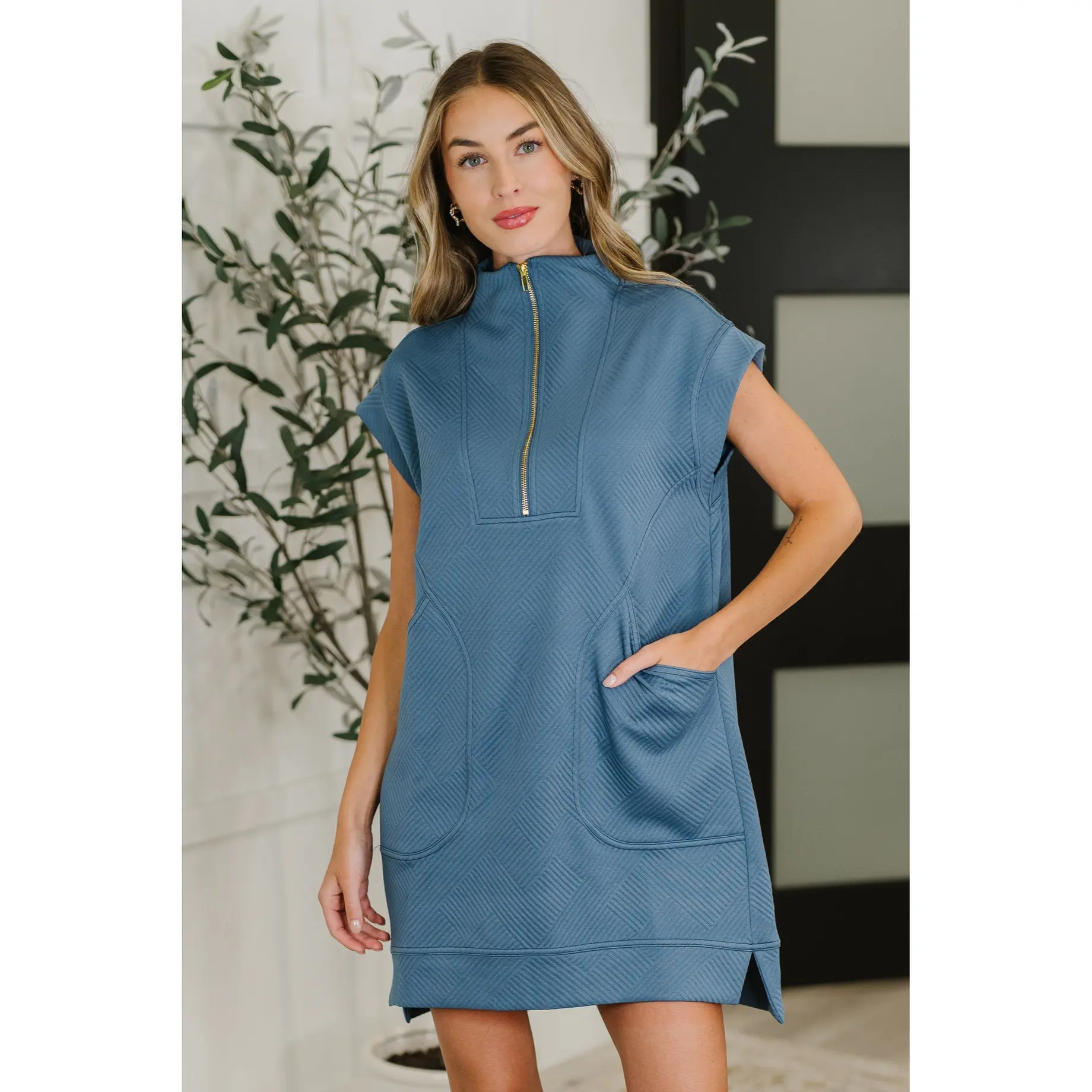 Easy Hustle High Neck Dress in Dusty Blue