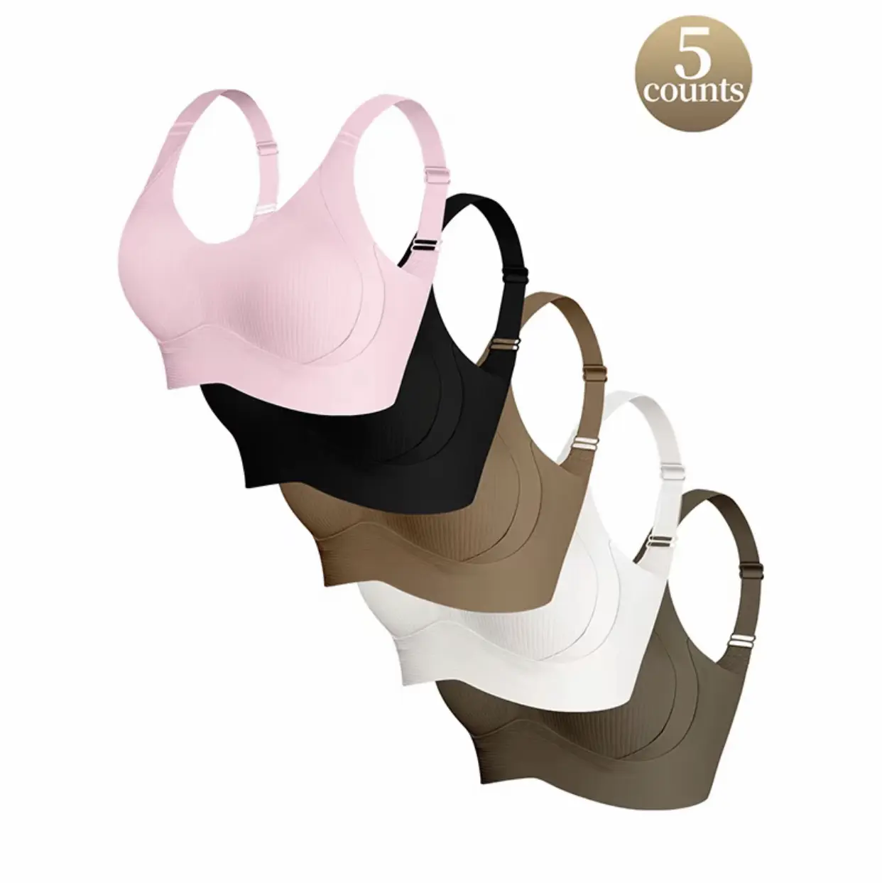 Women’s 5-pack cohesive wireless seamless bras—flexible and breathable; great for daily routine, yoga, lounging, and weekend relaxation. A popular pick for 2026 women’s everyday wear. Bridal 6-pack set: basic, minimalist.