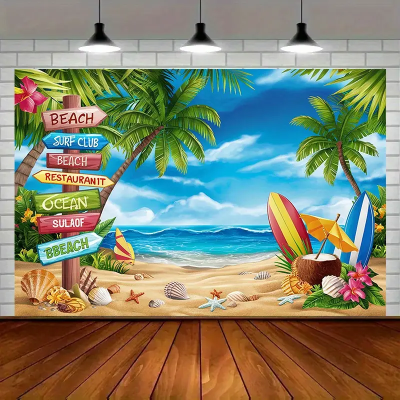 Tropical Hawaiian Beach Backdrop Party Backdrop Island Theme Background Cloth Tropical Tapestry Wall Hanging Photography Background Polyester Fiber Home Party Room Event Decor Studio Prop Vacation Wall Scene