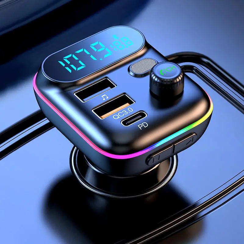 Vehicle FM Transmitter with Digital Display & LED Light, Multifunctional BT 5.0 Car Charger, Bluetooth-compatible Car Electronics, Durable Hands-free