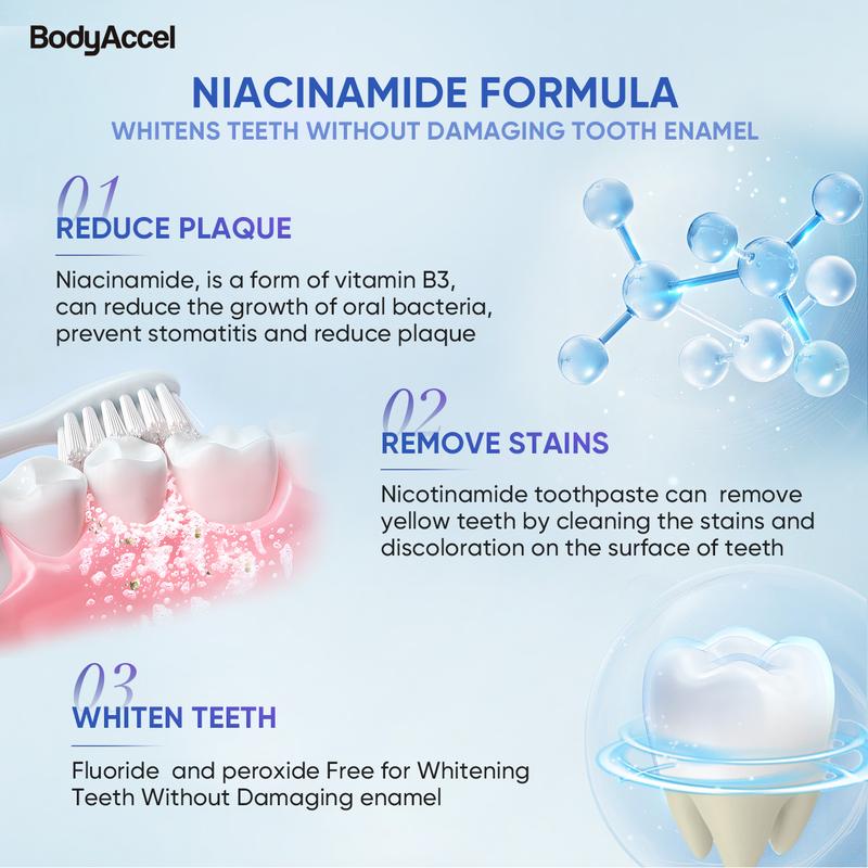 BodyAccel Niacinamide Whitening Toothpaste - Fast Acting Formula with Peach Extract & Mint for Sensitive Teeth - Eco Friendly & Fluoride Free - 100g