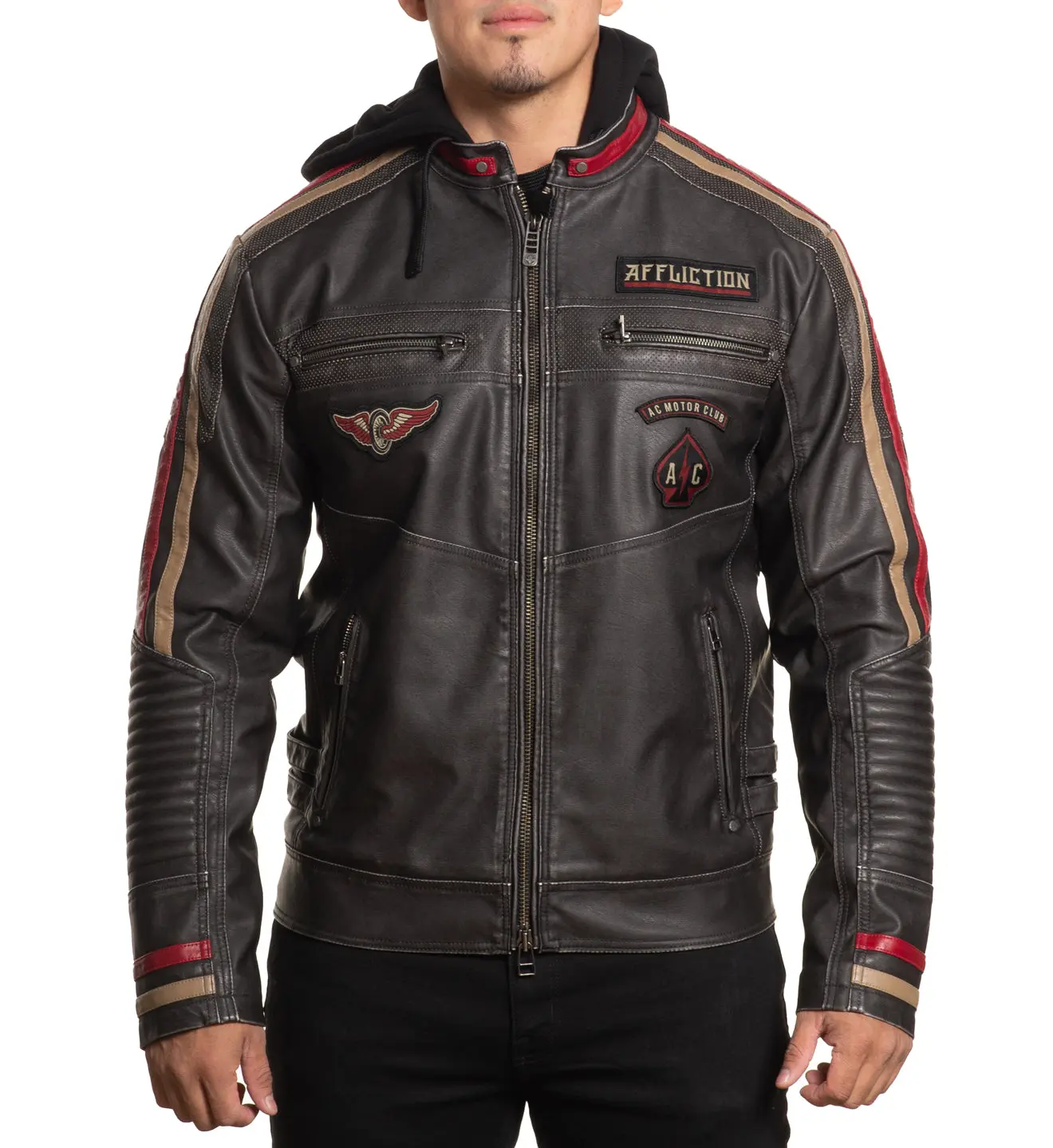 Affliction Men's AC Moto Club Black Embroidered Graphic Moto Jacket, Casual Long Sleeve Coat - Style 110OW432, Coats