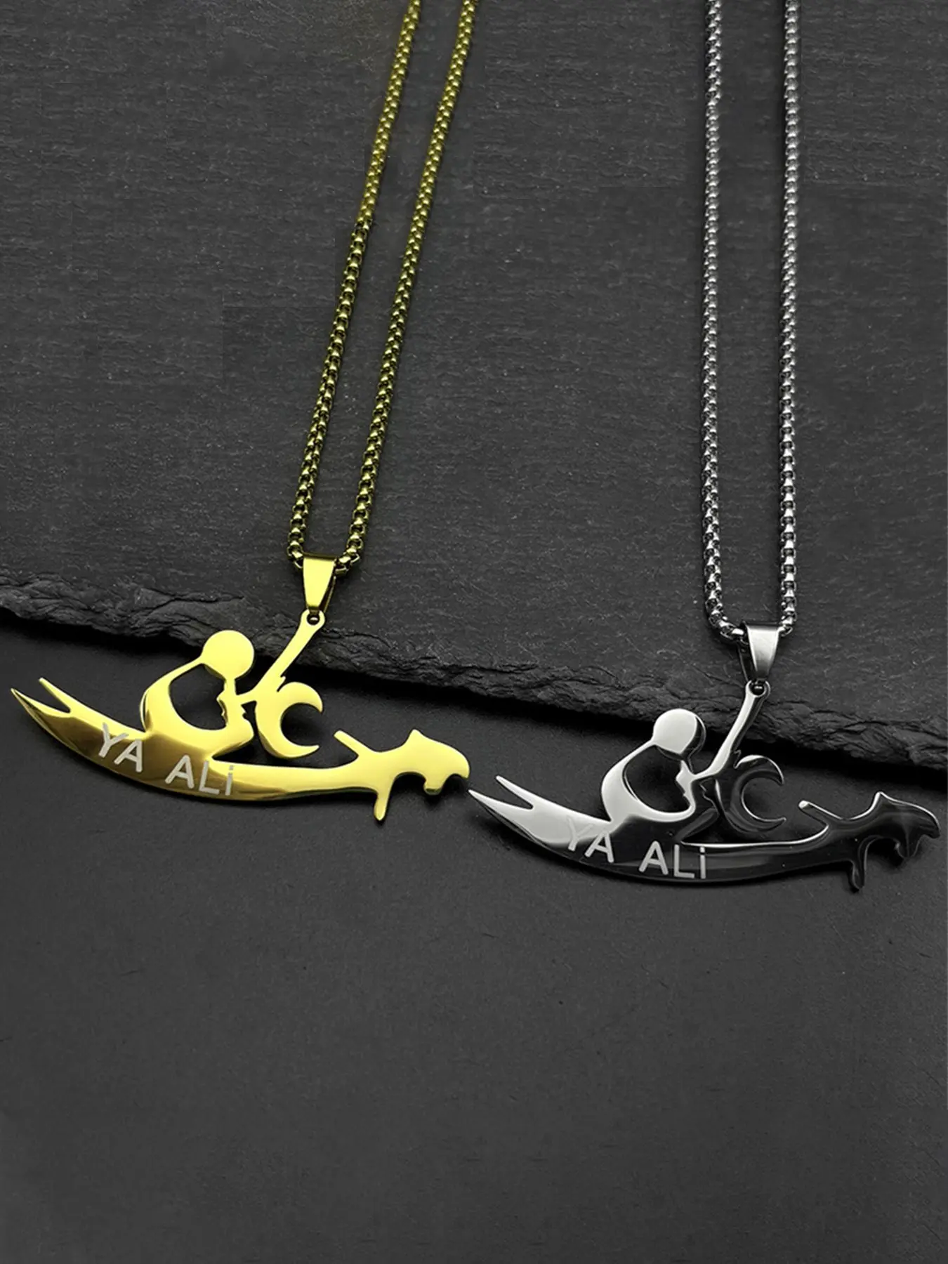 YA ALI Islamic Imam Ali Zulfiqar Sword Pendant Necklace for Women Men Faith Necklace Stainless Steel Gold Color Quran Amulet Chain Fashionable Jewelry Design Exquisite Jewelry Gift Jewelry Accessories