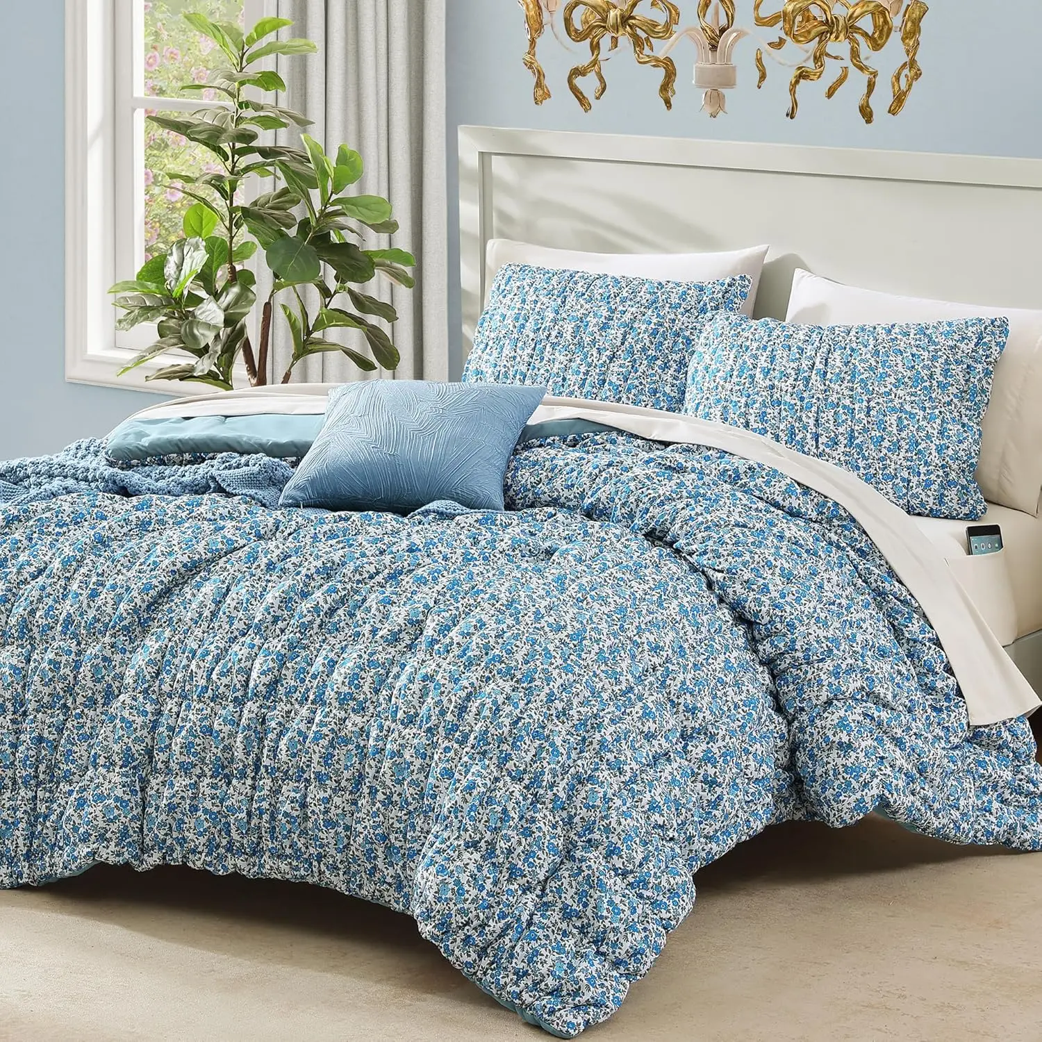 Comforter Set - 7 count Blue Classic Puff Floral Bedding Sets for  Seasons, Shabby Chic Farmhouse Bed in a Bag  with Wildflowers  Comforter, Sheets, Pillowcases & Shams