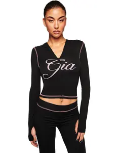 Fashion Women's Printed Hooded Long Sleeve Thumb Hole Micro Bell Two-Piece Set, New Style Solid Color Sexy Open Collar Two-Piece Set