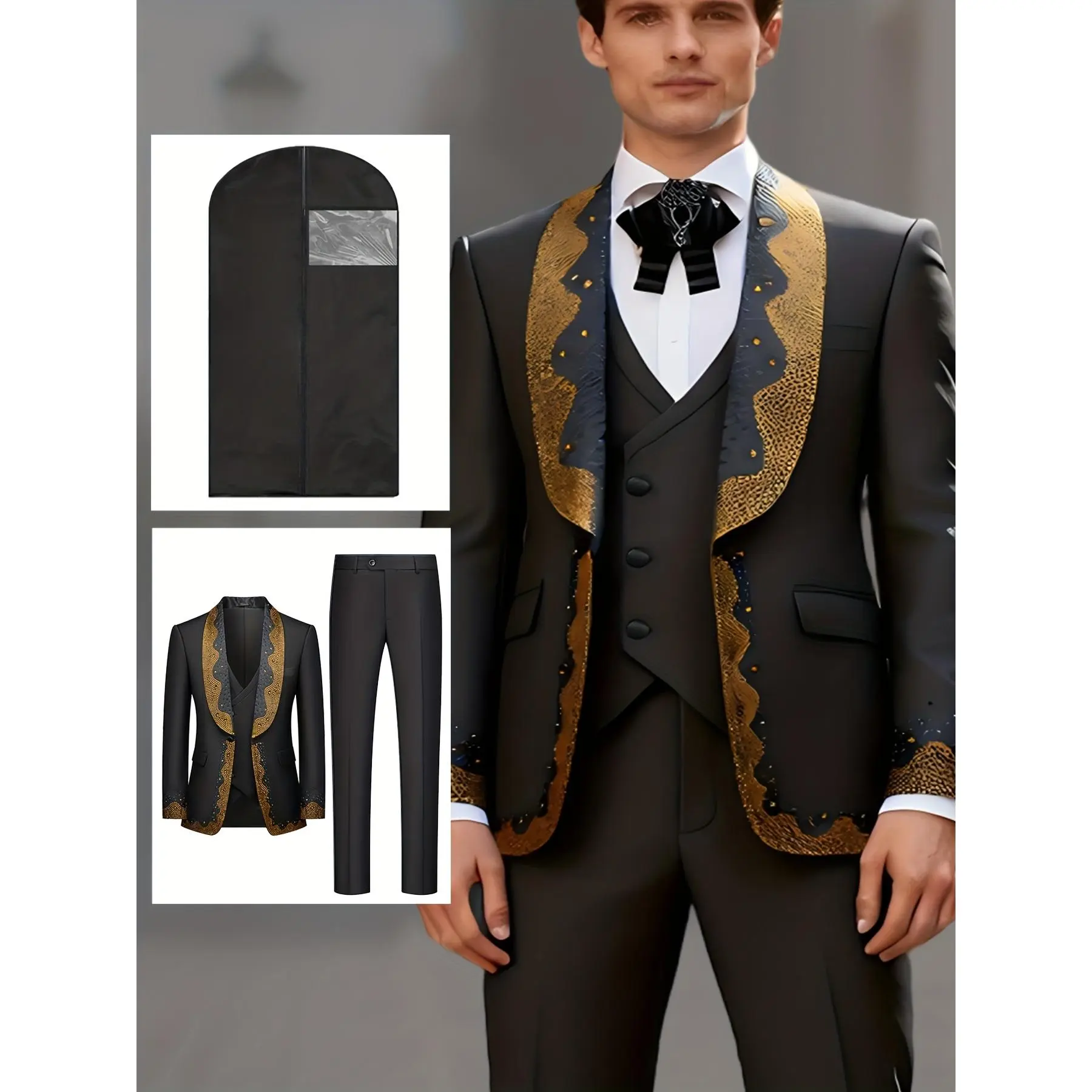 Men's 3-Piece Formal Suit Set with Gold Accents – Blazer, Vest & Pants, Includes Dust Bag, Elegant Outfit for Wedding, Prom, Business & Party