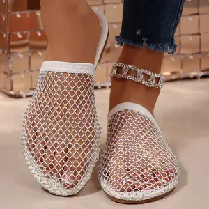 Women's Fashion Glitter Mesh Slippers Open Toe Flat Sandals with Rhinestones Casual Daily Shoes Springfresh