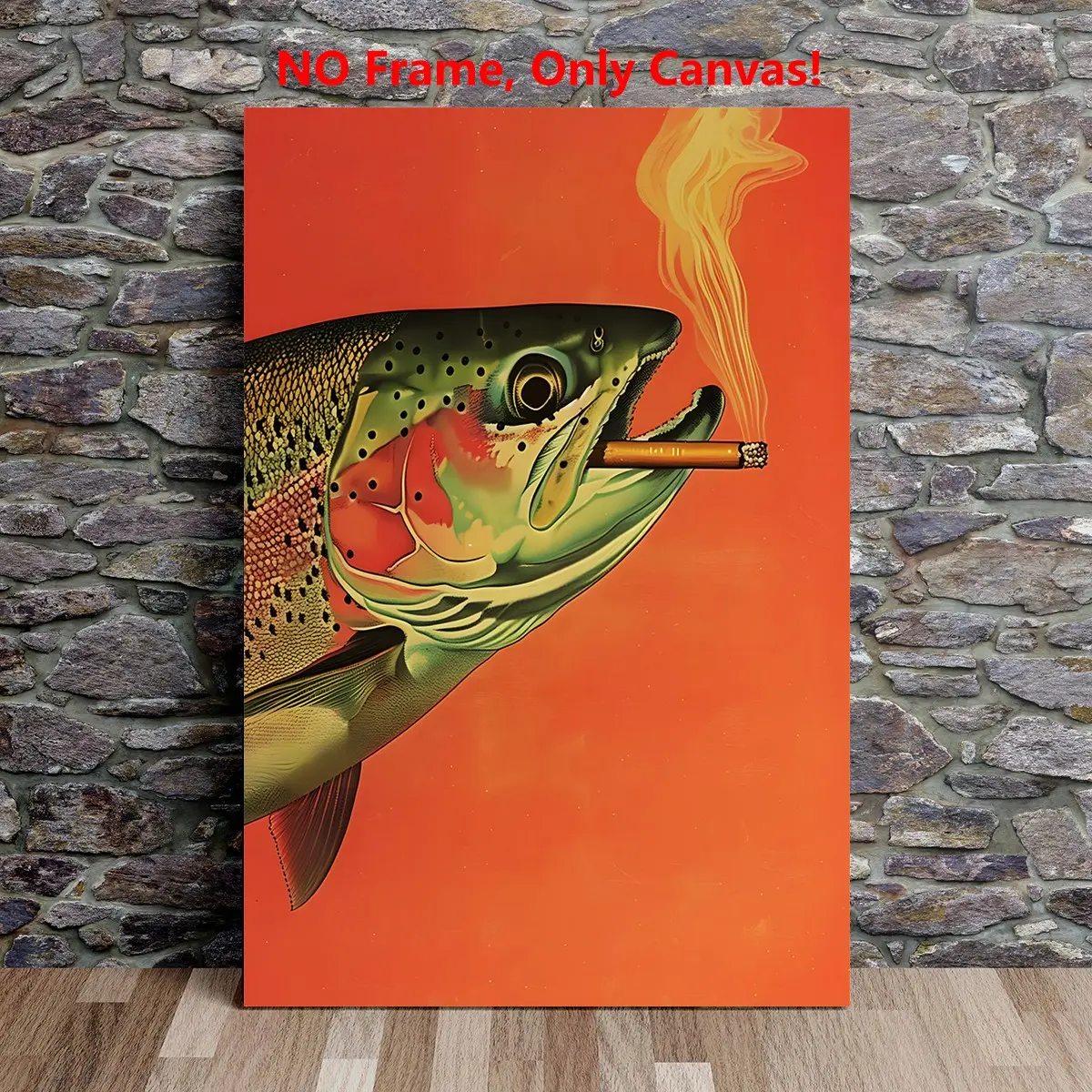1pc Trout Smoking a Cigarette Vintage Artistic Poster, Funny Retro Whimsical Fish Print Wall Art Canvas Painting, Outdoor Sports Fisherman Illustration Wall Picture, Home Decor, Gift for Dad, Unframed