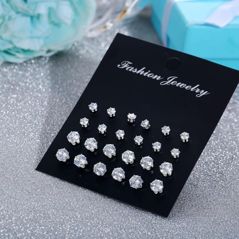 24 Pairs Exquisite Shiny Round Square Shaped Stud Earrings Sparkling Artificial Crystal Inlaid Earrings Set Party Wedding Engagement Anniversary Jewelry Set
