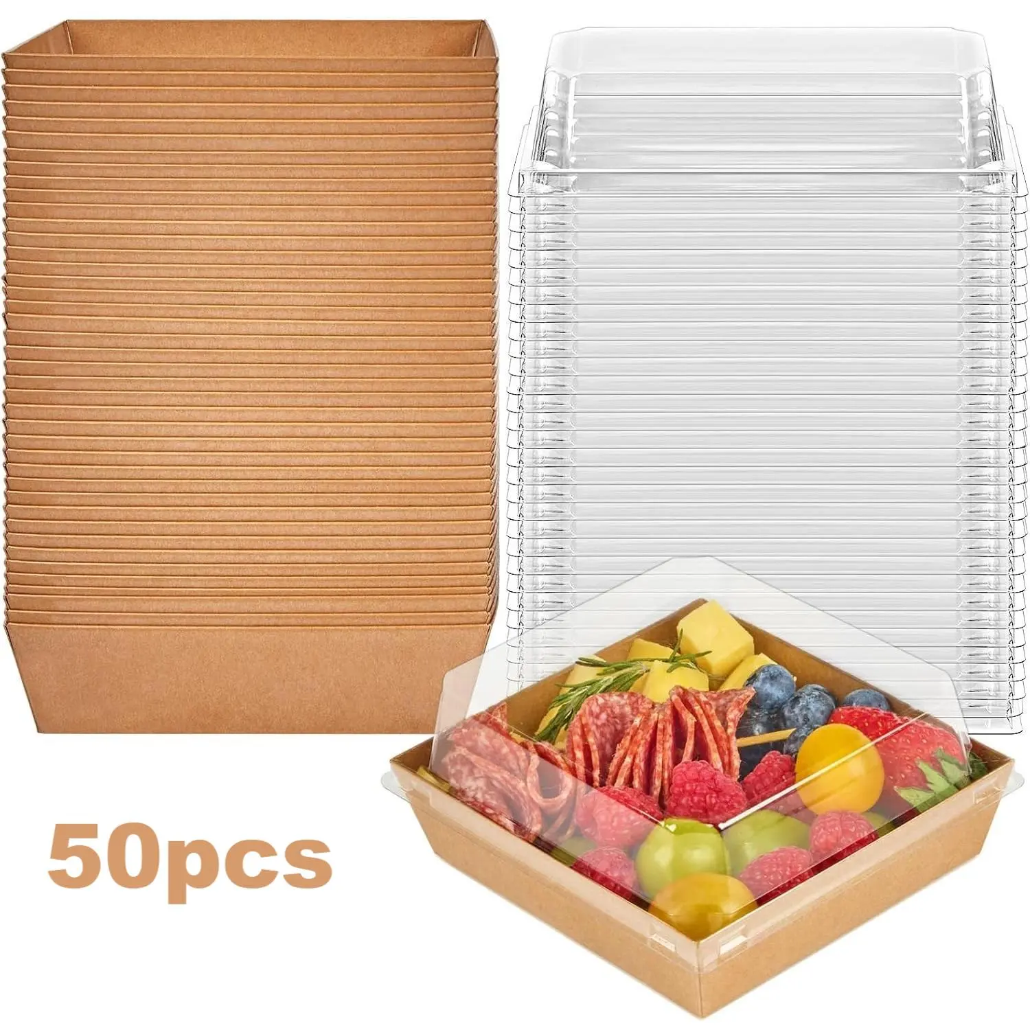 50 Pack 5 Inch Paper Charcuterie Boxes with Clear Lids, Square To Go Cake Slice Containers Small Kraft Bakery Boxes for Dessert, Cookies, Sandwich, Strawberries (Brown)