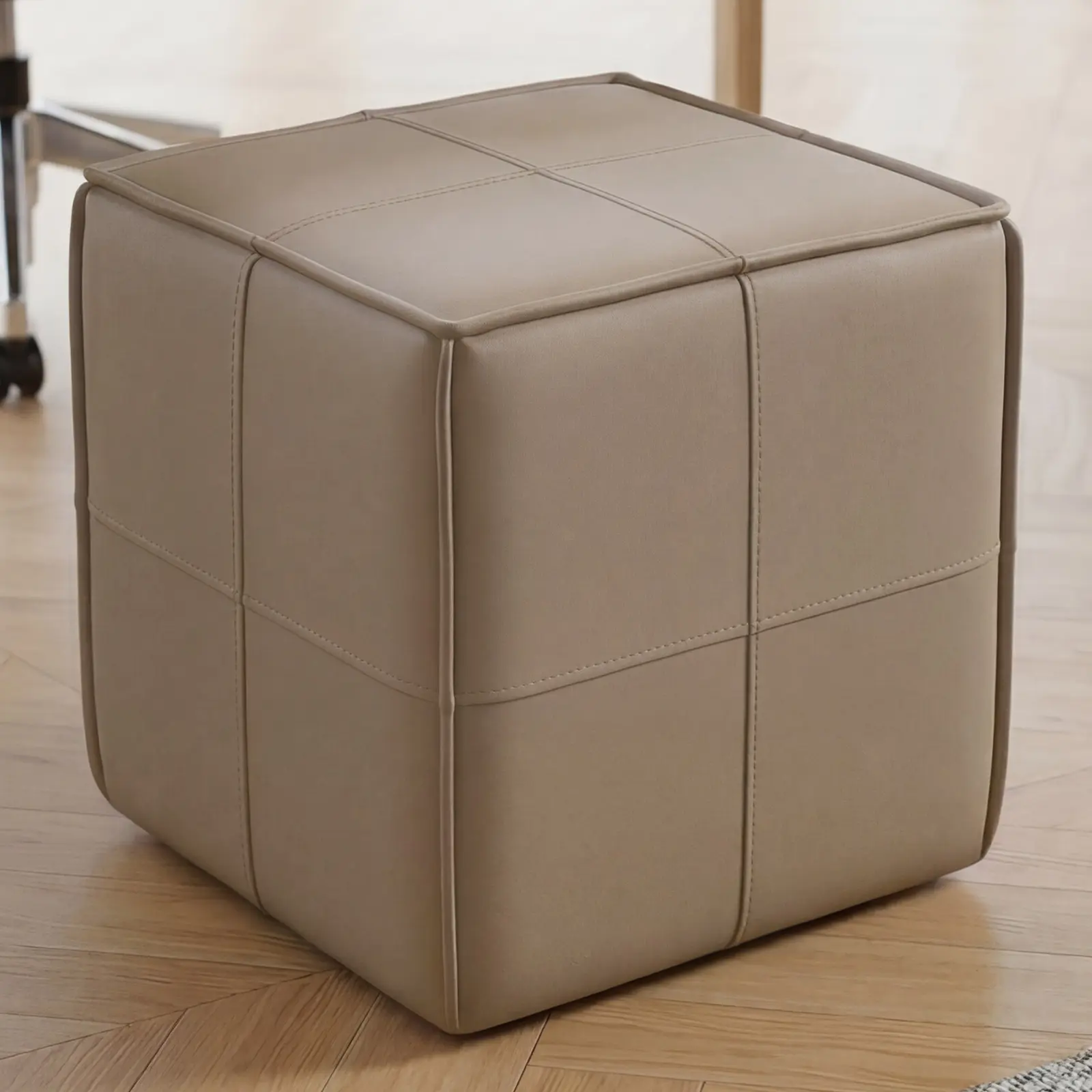 Guyii Modern Cube PU Leather Accent Stool, Ergonomic Contoured Sponge Seat Footrest, Assembly Required, Doubles as Dressing Chair for Bedroom & Living Space, Taupe Grey