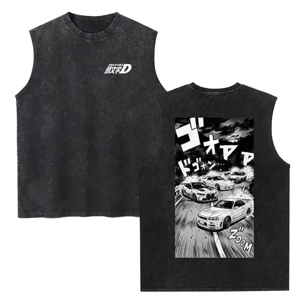 Vintage Acid Wash Initial D Anime Tank Top | JDM Drifting Manga Graphic Muscle Shirt | Retro Streetwear Sleeveless Tee | Heavyweight Cotton Boxy Fit Vest