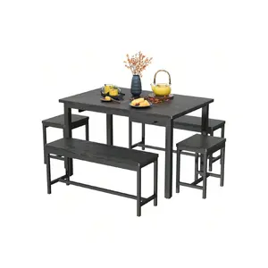 63 Inch 5 Piece Extendable Dining Table Set For 4 To 8 Modern Space Saving Kitchen Table With 2 Benches and 2 Stools Farmhouse Style Dining Room Furniture Set-A