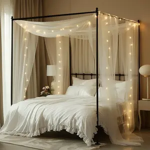 Bed Canopy for Girls with Lights, 30*228in, Fits Twin Full Queen King Beds, White Tulle Sheer Bed Curtains Drapes Scarf Home Decor