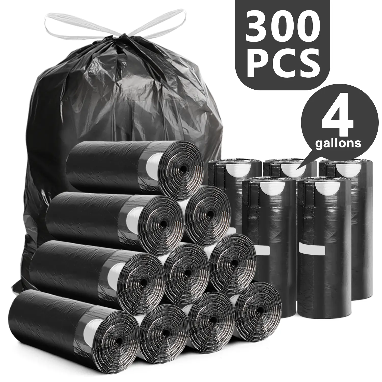 YUFEIDA 2/3/3.5/4-Gal Small Plastic Quick-Tie Trash Bags (300/150 Pack) - 17.7in Wide Bin Bags Kit, Leak-Proof, Smell-Proof, Unscented, Tear-Resistant Disposable Home Supplies for Bathroom, Balcony, 15.7lb Hold Trashbags Drawstring Water Proof
