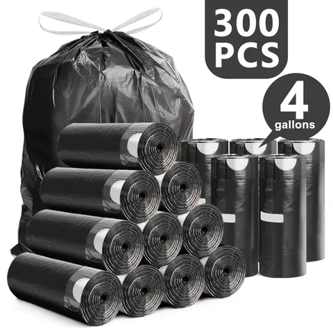 YUFEIDA 2/3/3.5/4-Gal Small Plastic Quick-Tie Trash Bags (300/150 Pack) - 17.7in Wide Bin Bags Kit, Leak-Proof, Smell-Proof, Unscented, Tear-Resistant Disposable Home Supplies for Bathroom, Balcony, 15.7lb Hold Trashbags Drawstring Water Proof