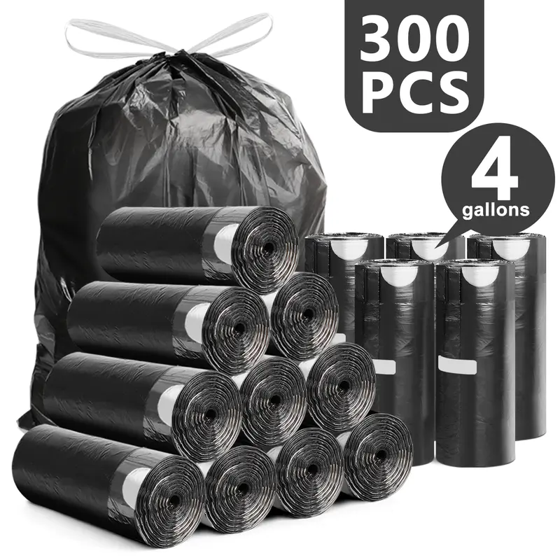 YUFEIDA 2/3/3.5/4-Gal Small Plastic Quick-Tie Trash Bags (300/150 Pack) - 17.7in Wide Bin Bags Kit, Leak-Proof, Smell-Proof, Unscented, Tear-Resistant Disposable Home Supplies for Bathroom, Balcony, 15.7lb Hold Trashbags Drawstring Water Proof