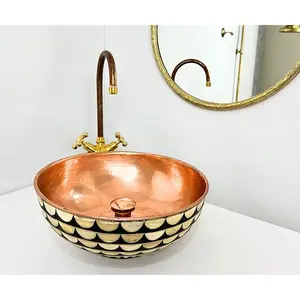 Copper Round Vessel Sink with Black Resin and Bone Inlay - Hammered Vessel Sink