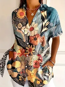 2026 Women's Boho Tropical Floral Print Short Sleeve Shirt, Loose Fit Slimming Collar Button-Up Top, Casual Fashion Ladies Blouse