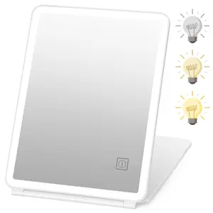 KerMiCi [Large Size] Travel Makeup Mirror with Light, Led Folding Vanity Mirror Portable USB Rechargeable Mirror 3 Color Lighting Touch Screen Brightness Thin Compact Vanity Mirror Dimmable Mirror