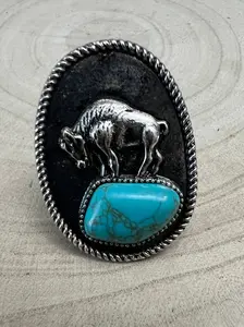 Western Buffalo and Faux Turquoise Nugget Adjustable Ring