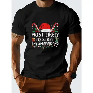 Men's Cotton Short-Sleeve T-Shirt, Funny Christmas Prank Call Joke Slogan & Shenanigans Print, Round Neck, Relaxed Fit Casual Top, Trendy Versatile Streetwear Graphic Tee