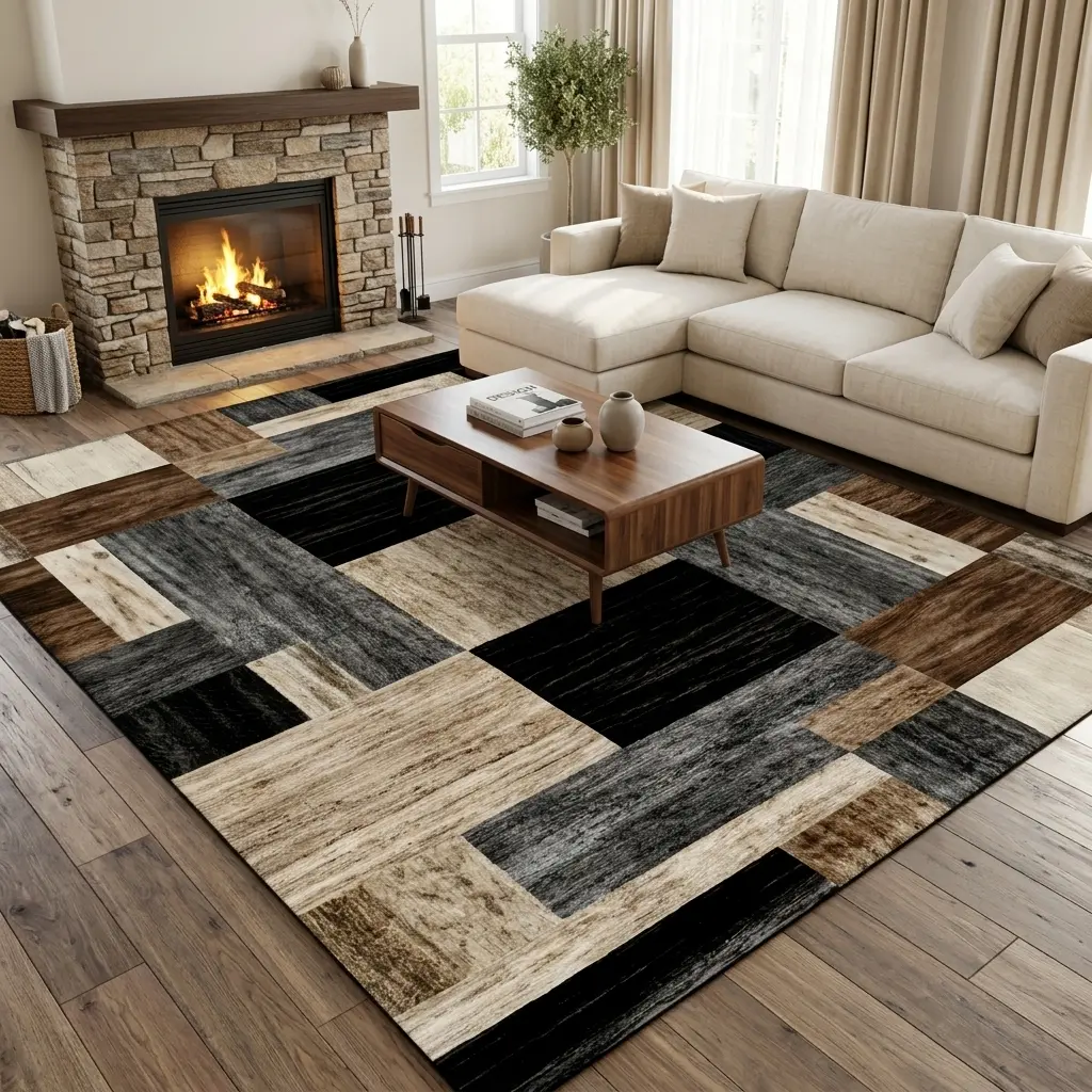 RUGIXE Machine Washable Modern Patchwork Area Rug 8x10 5x8 4x6 ft, Black Brown Wood Grain Geometric Soft Velvet Low Pile Rug with TPR Non Slip Backing, Comfortable Durable Wear Resistant Floor Carpet for Living Room Bedroom Office