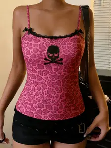 1 Piece Pink Leopard Print Lace Trim Sleeveless Cami Top,Y2K Casual Outfit