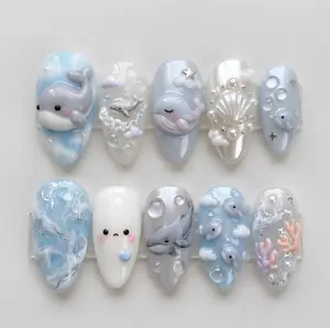 Handmade Pastel Blue Press On Nails, 3D Whale Nail Set, Pearl Shell & Water Drop Accents, Nails For Dreamy Ocean Vibes