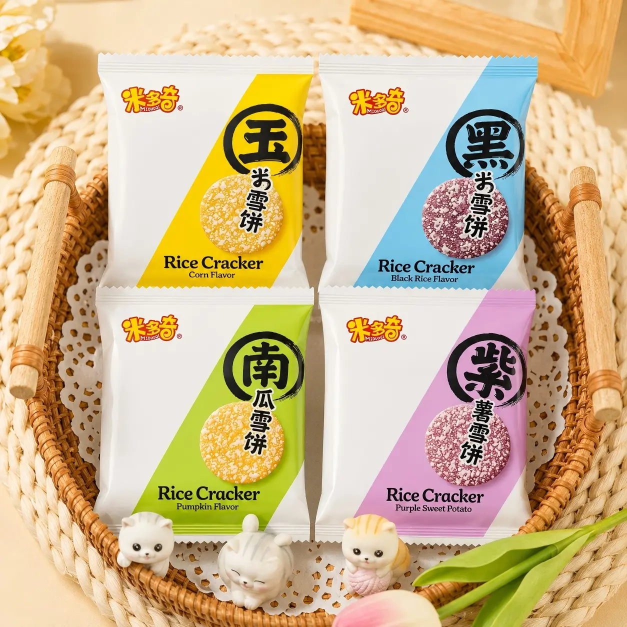 MIDUOQI Crispy Rice Crackers 24-Pack Assorted Flavors Pumpkin, Corn, Purple Sweet Potato & Black Rice