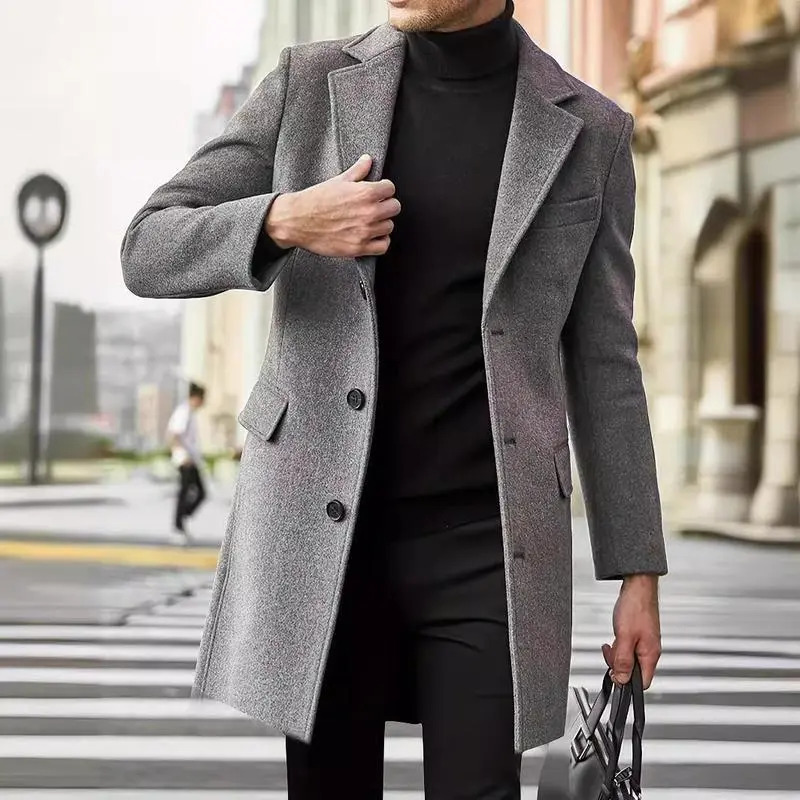 Men's Woolen Trench Coat, Classic Single-Breasted Lengthy Formal Business Jackets for Autumn Winter, Menswear Tops