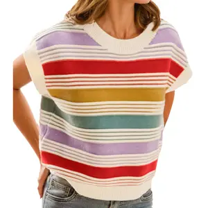 FireSwan Womens Summer Sweater Cap Sleeve Tops Striped Color Block Sweater Vest Crew Neck Casual Loose Knit Tank Top