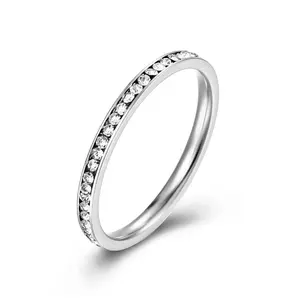 Florideco Women's 2mm Gold-Silver Eternity Rings for Women, Waterproof Stainless Steel Cubic Zirconia Stackable Band, Non-Tarnish Minimalist Gold Rings