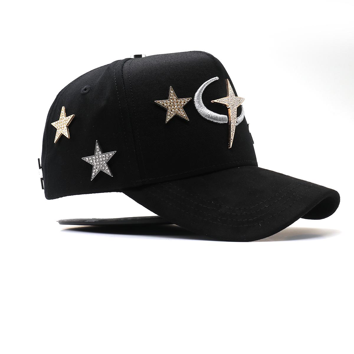 Black Baseball Cap with 3D Rhinestone Star & Moon Metal Decor, Unisex Adjustable Streetwear Cap